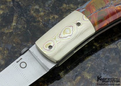 Mel Nishuichi Custom Knife Devin Thomas Stainless Ladder Damascus Blade with Mokume Bolsters and Australian Water Jasper with Hidden Screw Construction 14760