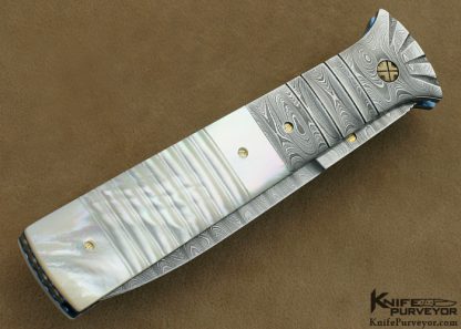 Mel Pardue Custom Knife Fluted Mother of Pearl Shell and Fluted Damascus Linerlock Dagger - Image 3