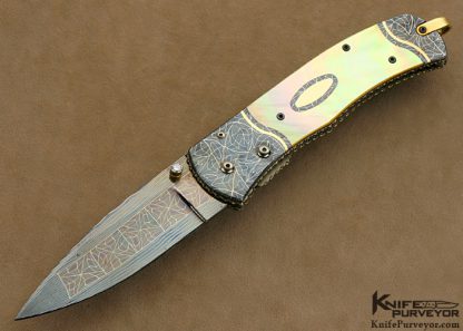 Matthew Lerch Custom Knife South Sea Gold Lip Pearl & Blued Robert Eggerling Mosaic Damascus Double Action Automatic Linerlock