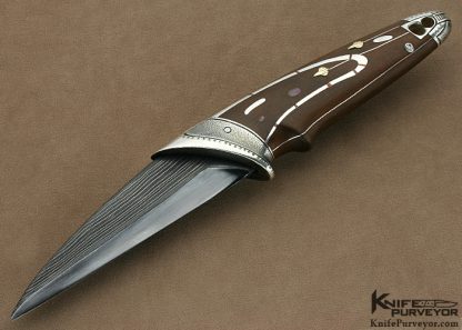 Alexander Ivanov Custom Knife Art Knife with Dmitry Zhukov Damascus, Cornelian Cherry Wood, Titanium, Copper, Gold and Silver