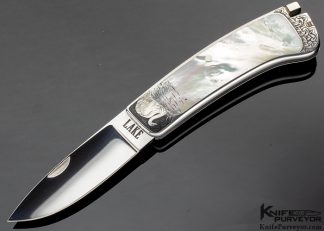 Ron Lake Custom Knife Engraved by Michael Collins Mother of Pearl Interframe with Silver Toothpick Tail Lock 8726 Open