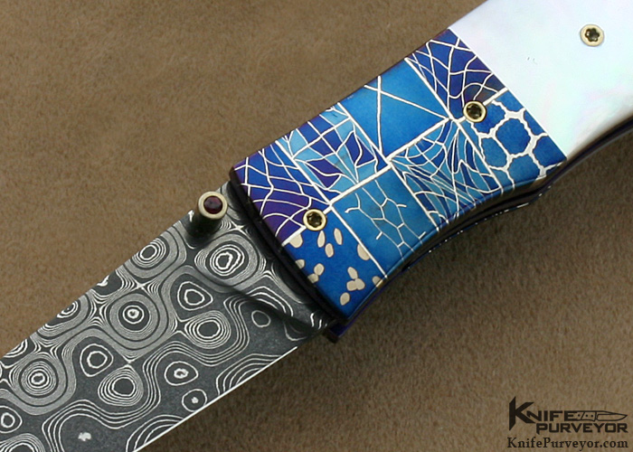 Michael J. Smith Custom Knife Mother of Pearl Shell & Damascus Linerlock - Image 2