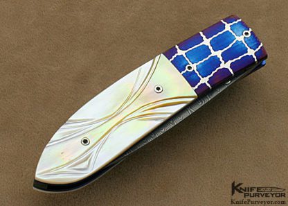 Michael J. Smith Custom Knives Carved South Sea Goldlip Pearl & Damascus "Rambler" Linerlock - Image 3