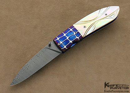Michael J. Smith Custom Knives Carved South Sea Goldlip Pearl & Damascus "Rambler" Linerlock