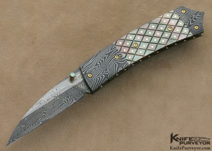 Mike Zscherny Custom Knives Piqued Black Lip Tahitian Pearl Shell & Damascus Linerlock