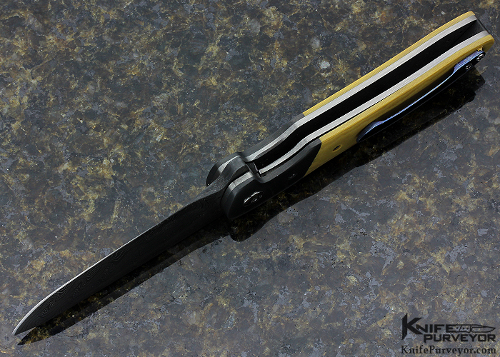 Mike Nguyen Custom Knife "Gallello Flipper" with Chad Nichols San Mai Damascus Blade Zirconium Bolsters & Antique Linear Micarta with Mokuti Pocket Clip - Image 5