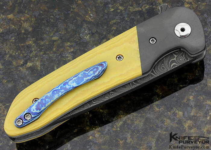 Mike Nguyen Custom Knife "Gallello Flipper" with Chad Nichols San Mai Damascus Blade Zirconium Bolsters & Antique Linear Micarta with Mokuti Pocket Clip - Image 3