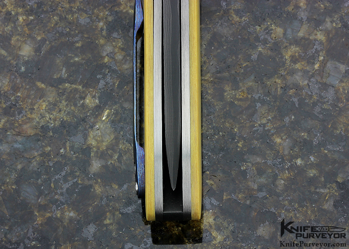 Mike Nguyen Custom Knife "Gallello Flipper" with Chad Nichols San Mai Damascus Blade Zirconium Bolsters & Antique Linear Micarta with Mokuti Pocket Clip - Image 6