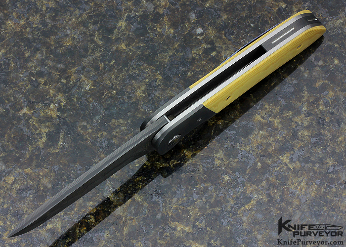 Mike Nguyen Custom Knife "Gallello Flipper" with Chad Nichols San Mai Damascus Blade Zirconium Bolsters & Antique Linear Micarta with Mokuti Pocket Clip - Image 4