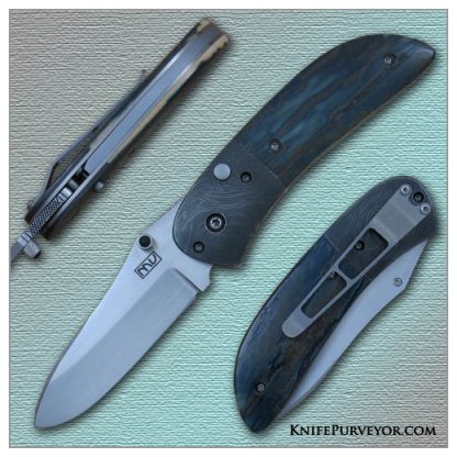Michael Vagnino's Custom Knife: Fancy P-38 Lightning Auto Linerlock with a 154 CM Blade, Sole Authorship Damascus Bolsters and Blue Mammoth Ivory Scales