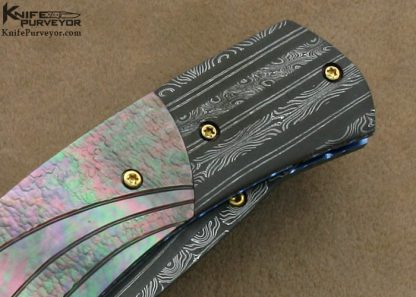 Mike Zscherny Custom Knife Fluted & Stippled Black Lip Tahitian Pearl Shell & Delbert Ealy Mosaic Damascus Linerlock - Image 5
