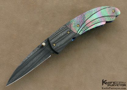 Mike Zscherny Custom Knife Fluted & Stippled Black Lip Tahitian Pearl Shell & Delbert Ealy Mosaic Damascus Linerlock