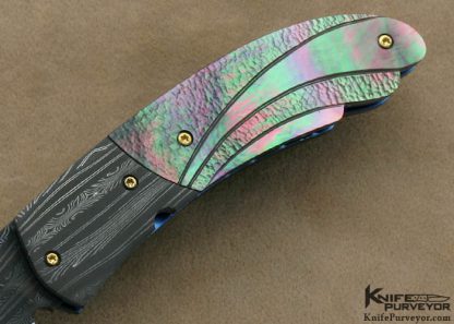 Mike Zscherny Custom Knife Fluted & Stippled Black Lip Tahitian Pearl Shell & Delbert Ealy Mosaic Damascus Linerlock - Image 3