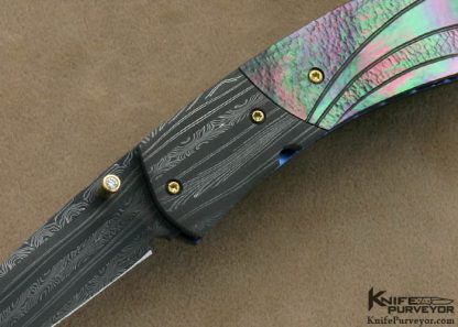 Mike Zscherny Custom Knife Fluted & Stippled Black Lip Tahitian Pearl Shell & Delbert Ealy Mosaic Damascus Linerlock - Image 2