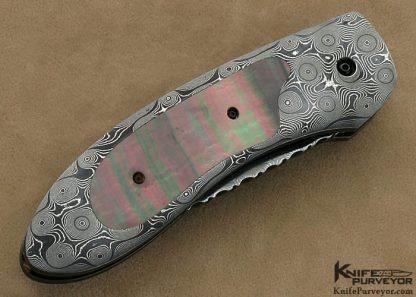 Jim Minnick Custom Knives Damascus & Blacklip Tahitian Pearl Shell Interframe Button Lock Automatic - Image 3