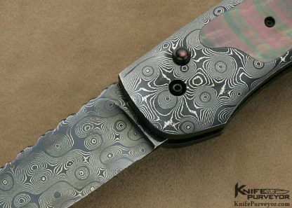 Jim Minnick Custom Knives Damascus & Blacklip Tahitian Pearl Shell Interframe Button Lock Automatic - Image 2