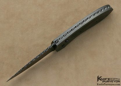 Jim Minnick Custom Knives Damascus & Blacklip Tahitian Pearl Shell Interframe Button Lock Automatic - Image 4