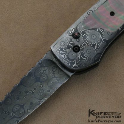 Jim Minnick Custom Knives Damascus & Blacklip Tahitian Pearl Shell Interframe Button Lock Automatic - Image 2