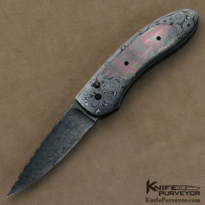 Jim Minnick Custom Knives Damascus & Blacklip Tahitian Pearl Shell Interframe Button Lock Automatic