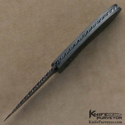 Jim Minnick Custom Knives Damascus & Blacklip Tahitian Pearl Shell Interframe Button Lock Automatic - Image 5