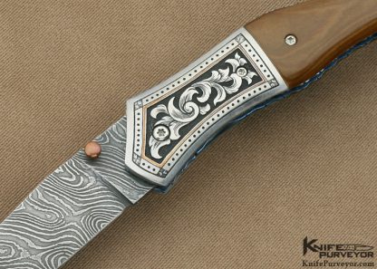 Jody Muller Custom Knife Sole Authorship Damascus and Engraved Mammoth Linerlock - Image 2