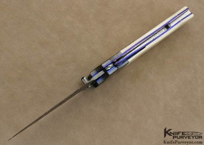 Nate Clark Custom Knife Blued Damascus Button Release Mammoth Ivory Linerlock Dagger Scrimmed by Ron Luebke Jr. - Image 7