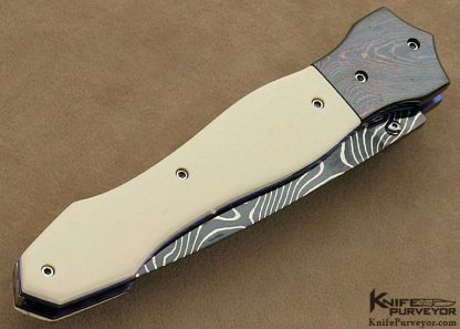 Nate Clark Custom Knife Blued Damascus Button Release Mammoth Ivory Linerlock Dagger Scrimmed by Ron Luebke Jr. - Image 4