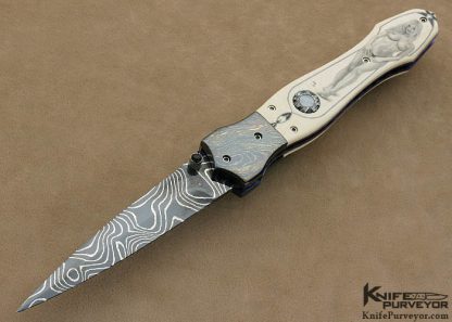 Nate Clark Custom Knife Blued Damascus Button Release Mammoth Ivory Linerlock Dagger Scrimmed by Ron Luebke Jr.