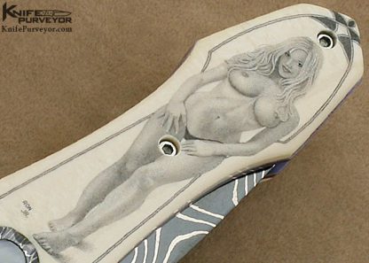 Nate Clark Custom Knife Blued Damascus Button Release Mammoth Ivory Linerlock Dagger Scrimmed by Ron Luebke Jr. - Image 3