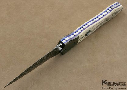 Nate Clark Custom Knife Blued Damascus Button Release Mammoth Ivory Linerlock Dagger Scrimmed by Ron Luebke Jr. - Image 5