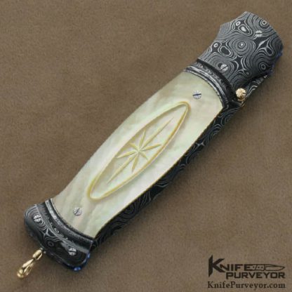 Larry Newton Custom Knives South Sea Goldlip Pearl and Damascus Linerlock - Image 3