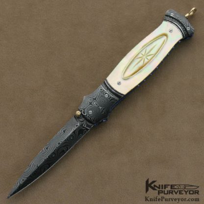 Larry Newton Custom Knives South Sea Goldlip Pearl and Damascus Linerlock