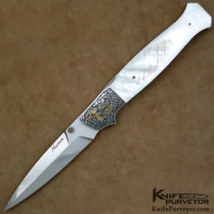 Larry Newton Custom Knife Mother of Pearl Lockback Engraved by Dan Wilkerson