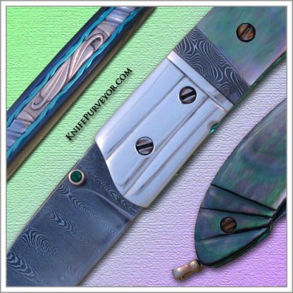 Stephen Olszewski's Custom Knife: Blacklip Pearl "Gents" Linerlock with Sterling Silver Bolsters Jerry Rados "Ladder" Damascus and "Turkish Twist" Spacer - Image 2