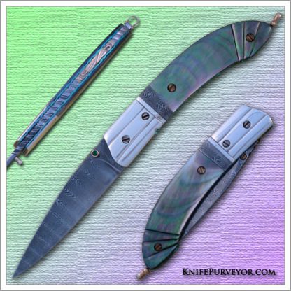 Stephen Olszewski's Custom Knife: Blacklip Pearl "Gents" Linerlock with Sterling Silver Bolsters Jerry Rados "Ladder" Damascus and "Turkish Twist" Spacer