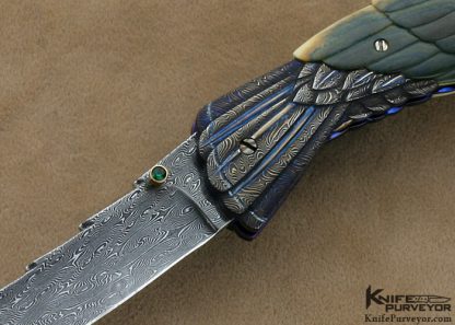 Stephen Olszewski Custom Knives Carved Mammoth Ivory & Forged to Shape Jerry Rados "Turkish Twist" Damascus "Birds of Prey" Linerlock - Image 2