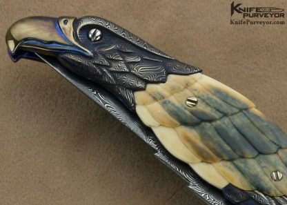 Stephen Olszewski Custom Knives Carved Mammoth Ivory & Forged to Shape Jerry Rados "Turkish Twist" Damascus "Birds of Prey" Linerlock - Image 4