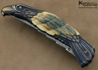 Stephen Olszewski Custom Knives Carved Mammoth Ivory & Forged to Shape Jerry Rados "Turkish Twist" Damascus "Birds of Prey" Linerlock - Image 3