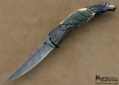 Stephen Olszewski Custom Knives Carved Mammoth Ivory & Forged to Shape Jerry Rados "Turkish Twist" Damascus "Birds of Prey" Linerlock