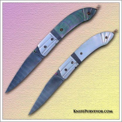 Stephen Olszewski's Custom Knife: Blacklip Pearl "Gents" Linerlock with Sterling Silver Bolsters Jerry Rados "Ladder" Damascus and "Turkish Twist" Spacer - Image 3