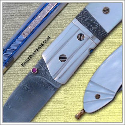 Stephen Olszewski's Custom Knife: Mother of Pearl "Gents" Linerlock with Sterling Silver Bolsters Jerry Rados "Ladder" Damascus and "Turkish Twist" Spacer - Image 2