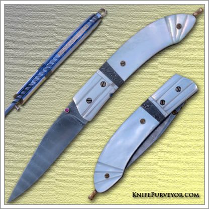 Stephen Olszewski's Custom Knife: Mother of Pearl "Gents" Linerlock with Sterling Silver Bolsters Jerry Rados "Ladder" Damascus and "Turkish Twist" Spacer
