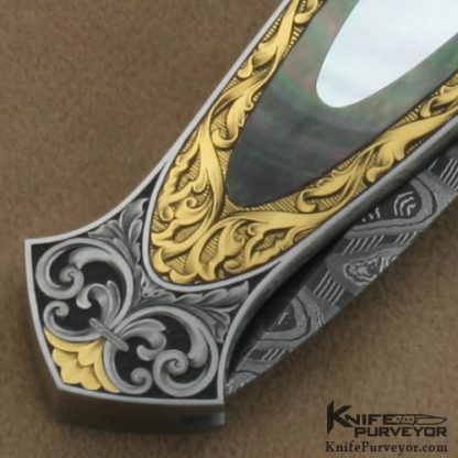 Warren Osborne Custom Knives Brian Hochstrat Engraved Mother of Pearl & Blacklip Pearl Double Interframe Lockback Dagger with a Mike Norris Stainless Damascus Blade - Image 5