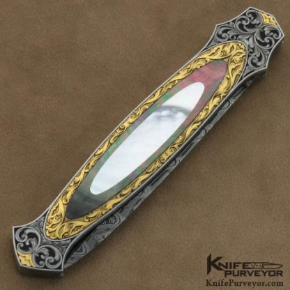 Warren Osborne Custom Knives Brian Hochstrat Engraved Mother of Pearl & Blacklip Pearl Double Interframe Lockback Dagger with a Mike Norris Stainless Damascus Blade - Image 3