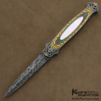 Warren Osborne Custom Knives Brian Hochstrat Engraved Mother of Pearl & Blacklip Pearl Double Interframe Lockback Dagger with a Mike Norris Stainless Damascus Blade