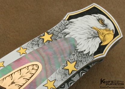 Warren Osborne Custom Knives Jon Robyn Engraved "American Honor" Blacklip Tahitian Pearl Shell & Mike Norris Stainless Steel Damascus Lockback - Image 6