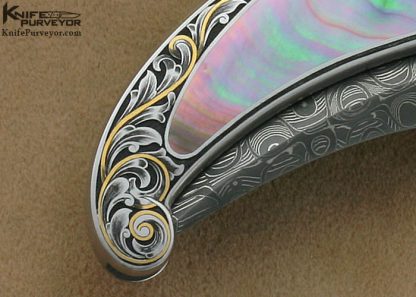 Warren Osborne Custom Knives Ray Cover Jr. Engraved Black Lip Tahitian Pearl Shell Interframe Lockback Lever Release - Image 6