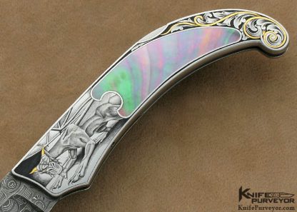 Warren Osborne Custom Knives Ray Cover Jr. Engraved Black Lip Tahitian Pearl Shell Interframe Lockback Lever Release - Image 3