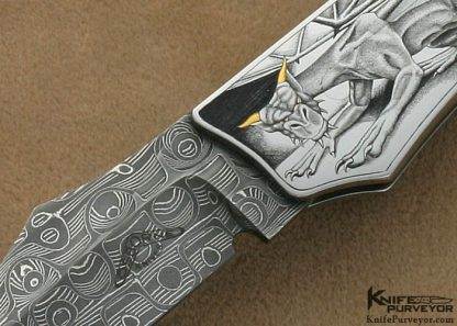 Warren Osborne Custom Knives Ray Cover Jr. Engraved Black Lip Tahitian Pearl Shell Interframe Lockback Lever Release - Image 2