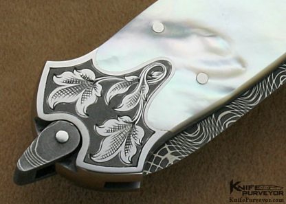 Warren Osborne Custom Knife Mother of Pearl & Damascus Assisted Opening Wing Dagger Engraved by Simon Lytton - Image 7